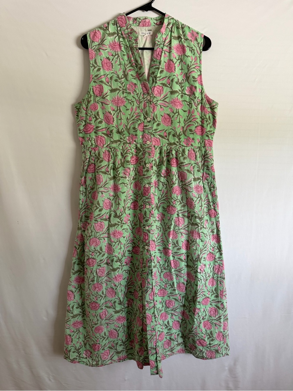 Beau & Ro Floral Cotton Button Down Midi Dress Prairie Cottagecore Sz L